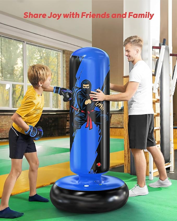 QPAU Punching Bag for Kids, 66 Inch Stable Inflatable Boxing Bag with Boxing Gloves, Stand Kids Punching Bag Toy for Boys & Girls Age 6-12, Boxing Set for Practicing Karate, Taekwondo, MMA