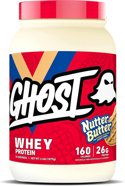 GHOST Whey Protein Powder, Nutter Butter - 2LB, 26G of Protein - Whey Protein Blend - ­Post Workout Fitness & Nutrition Shakes, Smoothies, Baking & Cooking - Cookie Pieces Inside