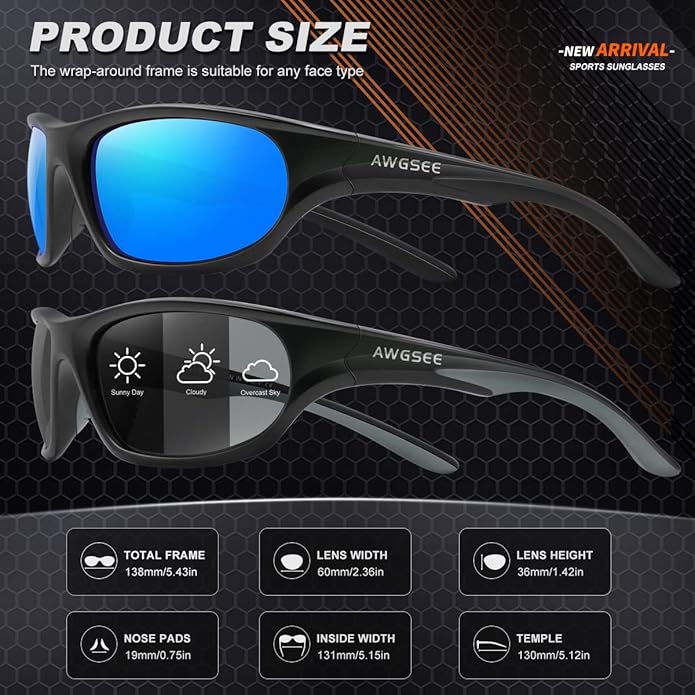 Polarized Sports Sunglasses for Men,TR90 Unbreakable Frame Sunglasses for Fishing Driving Cycling UV400 Protection