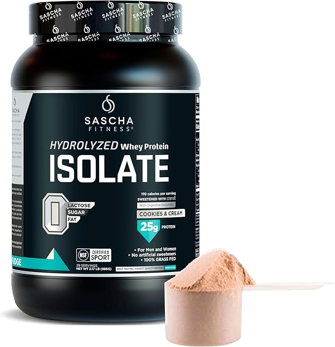 SASCHA FITNESS Hydrolyzed Whey Protein Isolate,100% Grass-Fed (2 Pounds, Cookies & Cream)