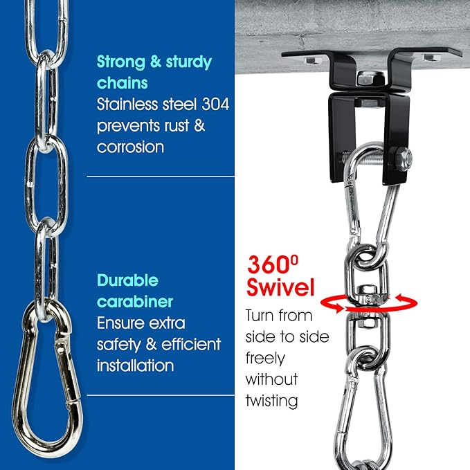 Yes4All Punching Bag Hanger, Stainless Steel Swivel Chain with 4 Snap Hooks for Heavy Bag, Gym Swing, Trapeze, and Hammock