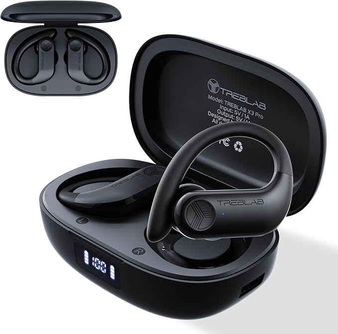 TREBLAB X3 Pro - Workout True Wireless Earbuds, Comfortable Earhooks, Bluetooth 5.3, Punchy Bass, Noise Isolation, 145H Playtime, IPX5 Waterproof, Sweatproof, 2 Mics for Calls, Sport Bluetooth Earbuds