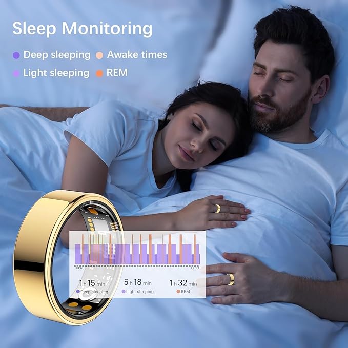 Ring Health Tracker for Women Men, Fitness Tracker with Heart Rate, Blood Oxygen, Sleep Monitor, Calories, Step Counter, IP68 Waterproof Smart Ring for iPhone & Android, No Subscription Fee (Gold, 9#)