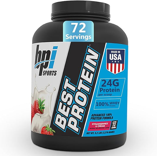 BPI Sports Best Protein – 100% Whey Protein Powder – Muscle Growth, Recovery, Meal Replacement – No Maltodextrin, No Fillers, Gluten Free – for Men & Women | Strawberries and Cream – 5.2 Pounds