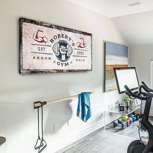 Tailored Canvases Personalized Gym Sign Wall Art Decor - Motivational Canvas for Home Gym, Workout Room, Garage, Fitness Center - Workout Inspirational Posters - One Hand with Dumbbell on Rustic,