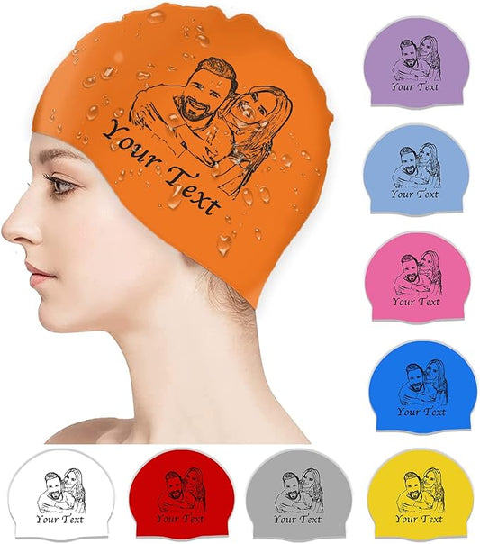 Custom Swim Cap with Photo Personalized Silicone Swim Cap for Men and Women Swimming Customized Swimmers Cap for Short and Medium Length Hair