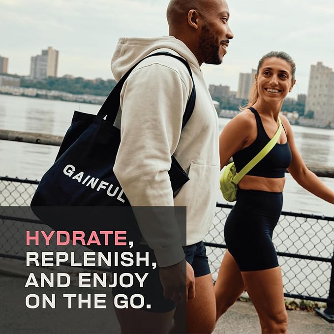 Gainful Hydration + Caffeine Powder Packets with Key Electrolytes Magnesium & Sodium + L Theanine, Low Sugar Drink Mix, Strawberry Lemonade, 21 Sticks