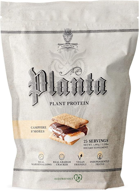 Ambrosia Planta - Premium Organic Plant-Based Protein | Vegan & Keto Friendly | Gourmet Flavors with No Bloating or Stomach Upset | Gluten & Soy Free | No Added Sugar | 25 Servings | Campfire Smores