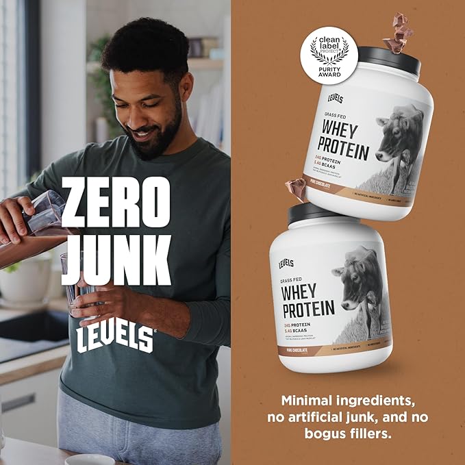 Levels Grass Fed Whey Protein Powder, No Artificials, 24G of Protein, Pure Chocolate, 5LB