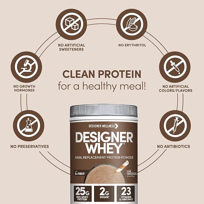 Designer Wellness, Designer Whey Protein Meal Replacement Powder, Organic Superfood Complex Carbs, Vitamins, Minerals, Gluten-Free, Milk Chocolate, 1.72 Pound