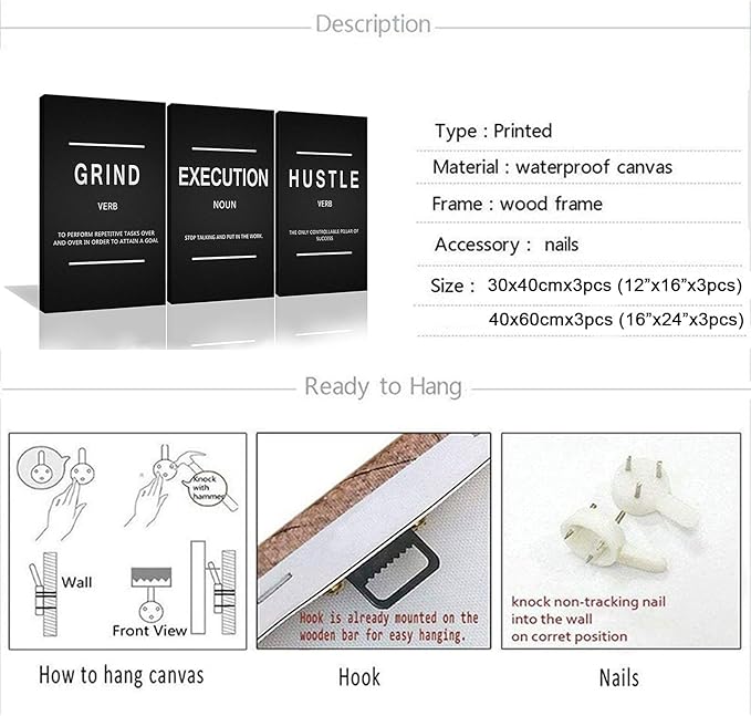 Framed Canvas Wall Art Success Quote, Office Wall Art, Black Large Poster, Positive Motivational Set of 3 Prints, Execute Failure Definition, Inspirational Print (B-3pcs,16x24inchx3pcs)