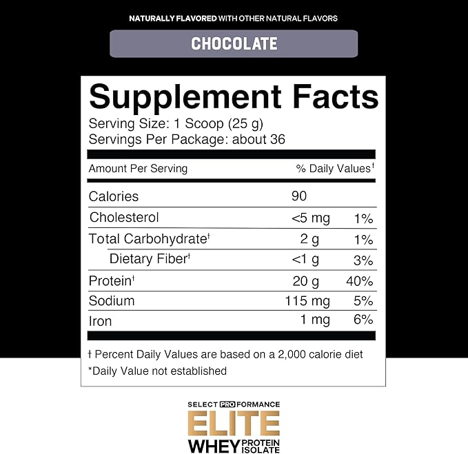 Select Proformance Elite Whey Protein Isolate Powder, Chocolate, NSF Certified, No Added Sugar, 20g of Protein per Serving, 36 Servings, 2 Lbs