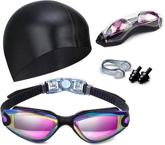 Swim Goggles Swimming Goggles No Leaking with Nose Clip, Earplugs, Swim Cap and Case for Men Women