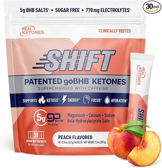 Real Ketones BHB Exogenous Ketones Drink Mix Packets Keto Electrolytes Powder Packets No Sugar with 4 Main Fasting Electrolytes Plus Hydrating Patented Keto BHB - 30 Count Peach Caffeine
