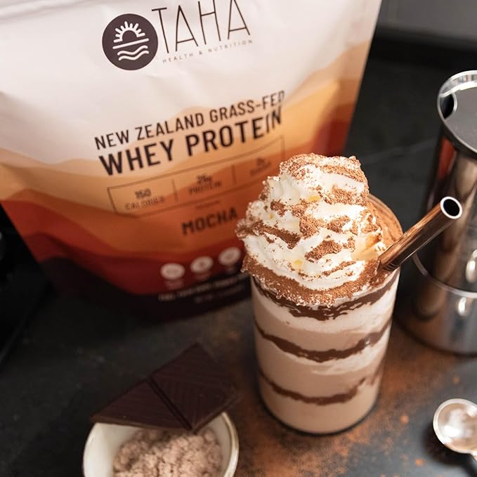 Taha Health & Nutrition Mocha Flavored Whey Protein Concentrate Powder, 25g Protein, 140 Calories, 2g Sugar | New Zealand Grass-Fed, Free-Range Dairy | Gluten and Soy Free, Keto, Kosher | 2LB