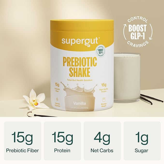 Supergut GLP-1 Boosting Prebiotic Shakes, Vanilla – Gut Healthy Meal Replacement with 15g Fiber, 15g Protein & 5g Net Carbs - Keto Friendly - 8 Servings