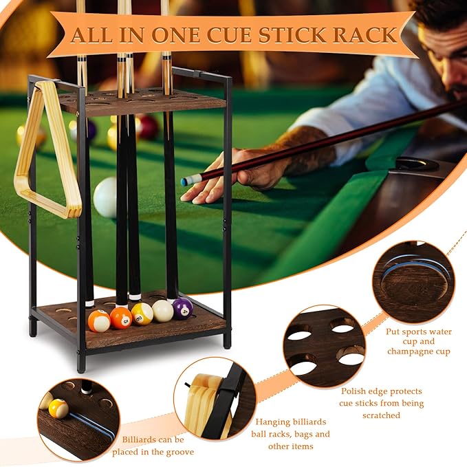 Pool Stick Holder Pool Cue Holder Rack Cue Stick Holder 10 Cues Billiard Cue Racks for Billiard Room Club Pool Table Accessaries (Torched Black 10-Hole)