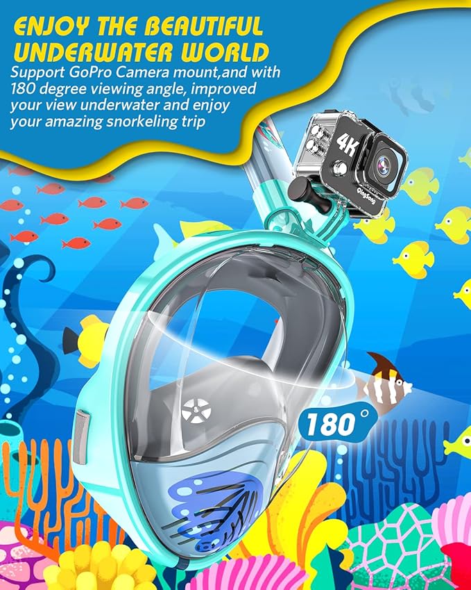 QingSong Kids Snorkel Mask Full Face, Snorkeling Set with Camera Mount, Foldable 180 Degree Panoramic View Snorkeling Gear Anti-Fog Anti-Leak