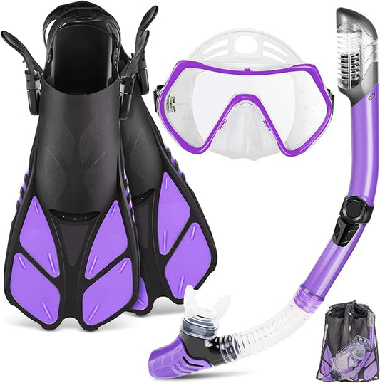 ZEEPORTE Mask Fin Snorkel Set, Travel Size Snorkeling Gear for Adults with Panoramic View Anti-Fog Mask, Trek Fins, Dry Top Snorkel and Gear Bag for Swimming Training, Snorkeling Kit Diving Packages