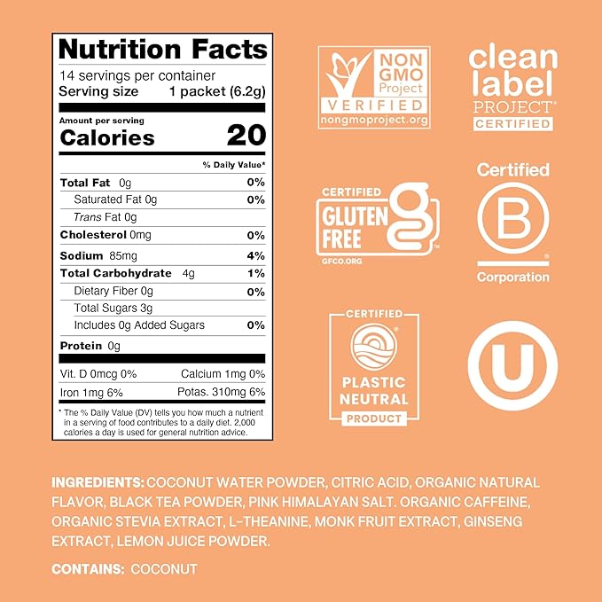 Cure Hydration Performance | Plant-Based Electrolyte Energy Drink Mix | No Added Sugar | Dehydration Relief Powder | 100mg of Caffeine | Non-GMO | Vegan | Pouch of 14 Packets - Peach