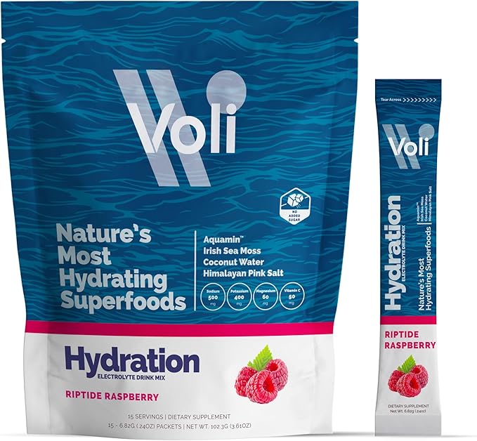 Voli Electrolytes Powder Packets | No Added Sugar Electrolyte Drink Mix for Hydration | Keto & Fasting Friendly, Natural Superfoods & Minerals | Raspberry 15-Count