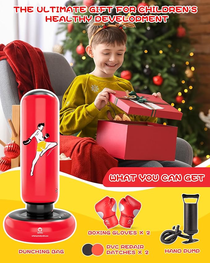 QPAU Kids Punching Bag Toy with Boxing Gloves, 66 Inch Larger Stable Kids Inflatable Boxing Bag Set, Gifts for Boys & Girls Age 6-12, for Practicing Karate, Taekwondo, MMA