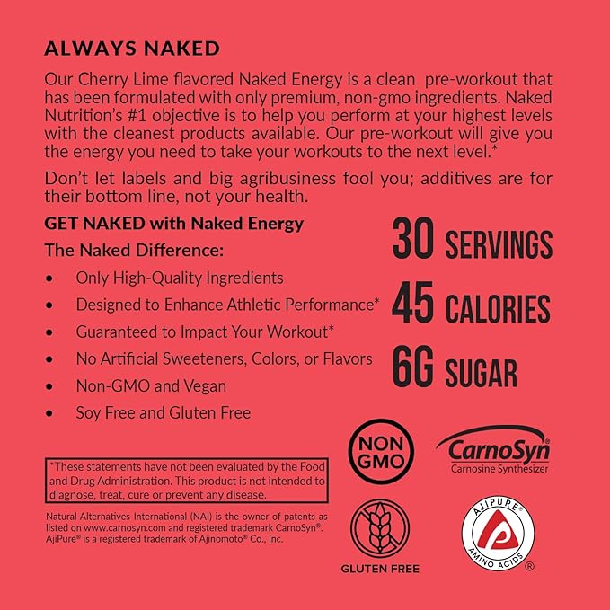 NAKED Cherry Lime Energy - Clean Pre Workout Supplement for Men and Women, Vegan Friendly, No Added Sweeteners, Colors Or Flavors - 30 Servings