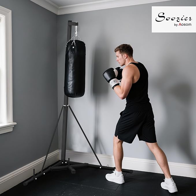 Soozier Foldable Punch Bag Stand, Height Adjustable Heavy Bag Stand with Weighted Base, Free Standing for Home Gym, Stand Only