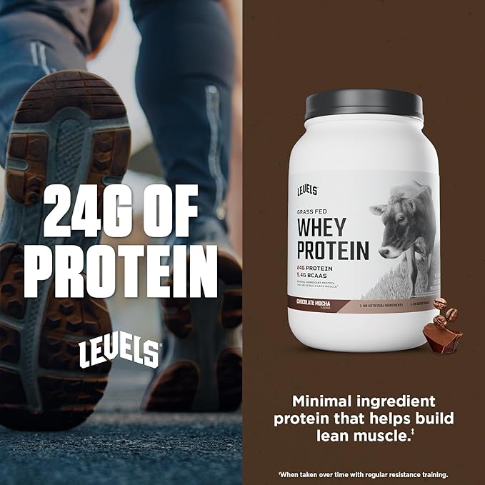 Levels Grass Fed Whey Protein Powder, No Artificials, 24G of Protein, Chocolate Mocha, 2LB