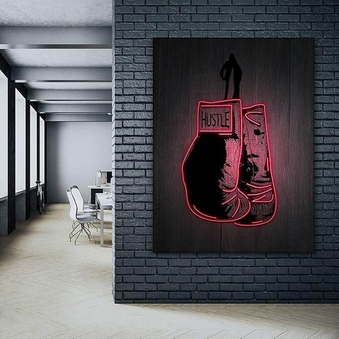 Boxing Gloves Neon Canvas Print Motivational Canvas Print Wall Art Office Decor, Entrepreneur Motivation, Hustle Artwork, Boxing Neon Print, Fighter Gym Sign, Hustler Art Neon Sign (24" x 18")