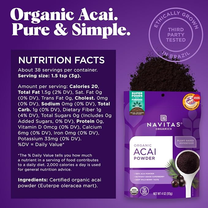 Navitas Organics Acai Powder – for Smoothie Bowls, Oatmeal, Dips, Sauces & More – Antioxidants, Omega 3 6 9, Fiber - USDA Organic, Non GMO, Kosher, Gluten Free, Keto (4oz. Bag, 38 Servings)