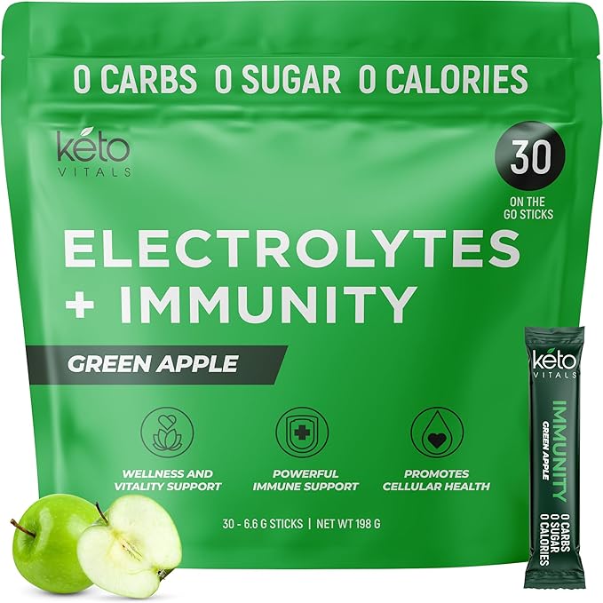 Keto Vitals Immunity Sugar Free Electrolytes Powder with Vitamin C, Ginger, Turmeric, & Elderberry - Boost Your Immune System and Rehydrate Your Body - Green Apple Flavor, 30 Count