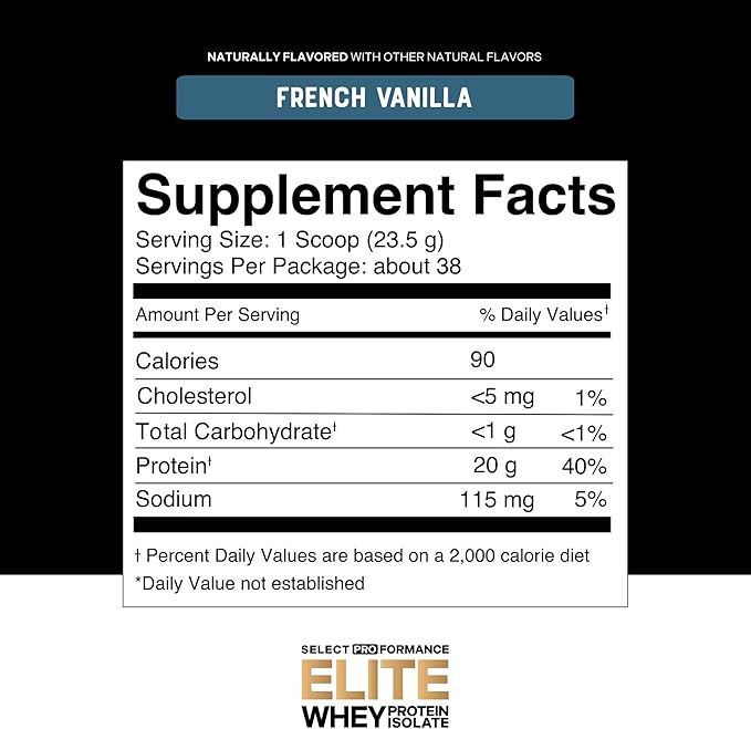 Select Proformance Elite Whey Protein Isolate Powder, French Vanilla, NSF Certified, No Added Sugar, 20g of Protein per Serving, 38 Servings, 2 Lbs