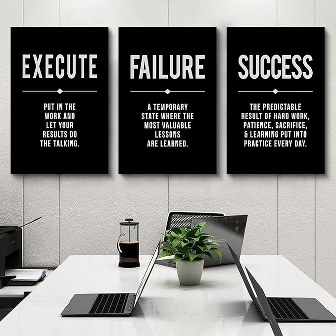 Framed Canvas Wall Art Success Quote, Office Wall Art, Black Large Poster, Positive Motivational Set of 3 Prints, Execute Failure Definition, Inspirational Print (A-3pcs,24x36inchx3pcs)