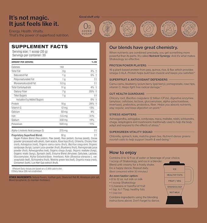 Shakeology 0g Added Sugar Plant Based Protein Powder Blend, Gluten-Free Shake with Vitamins and Minerals – Helps Support Healthy Weight Loss, Lean Muscle, Gut Health – Chocolate, 30 Servings