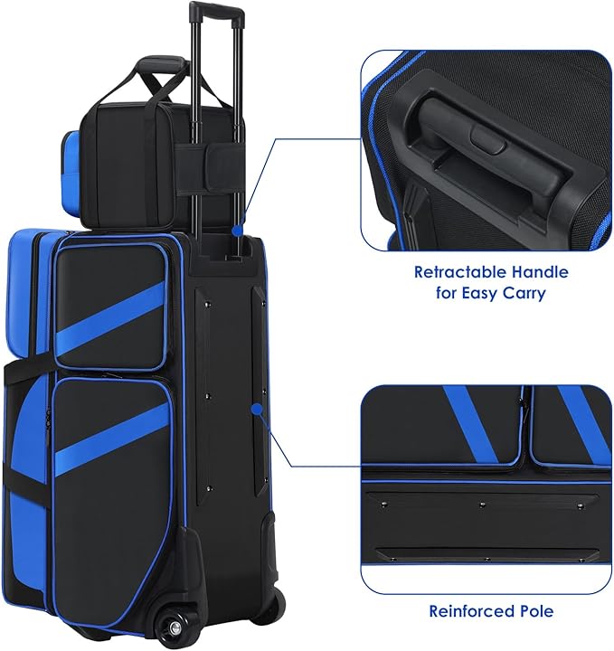 4 Ball Bowling Bags with Wheels, Bowling Ball Bag with Multi-Pockets,4 Ball Bowling Bag with Secure Buckle Fixed Ball Cup & Shoe Compartment,3 Ball Bowling Bag+1 Ball Color Matching Add On Tote