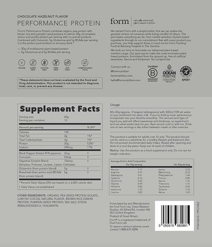 Form Performance Protein - Vegan Protein Powder - 30g of Plant Based Protein per Serving, with BCAAs and Digestive Enzymes. Perfect Post Workout. Tastes Great with Just Water! (Chocolate Hazelnut)