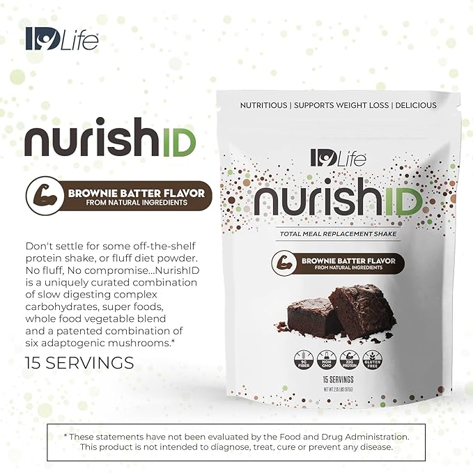 IDLife Brownie Batter NurishID Meal Replacement Shake - with Slow-Digesting Carbs, Superfoods, Vegetable Blend and Adaptogenic Mushrooms - 15 Servings
