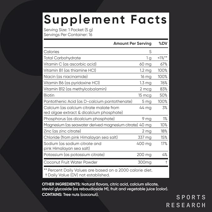 Sports Research® Hydrate Electrolytes Powder Packets - Sugar-Free & Naturally Flavored with Vitamins, Minerals, and Coconut Water - Supports Hydration - 16 Packets - Raspberry Lemonade