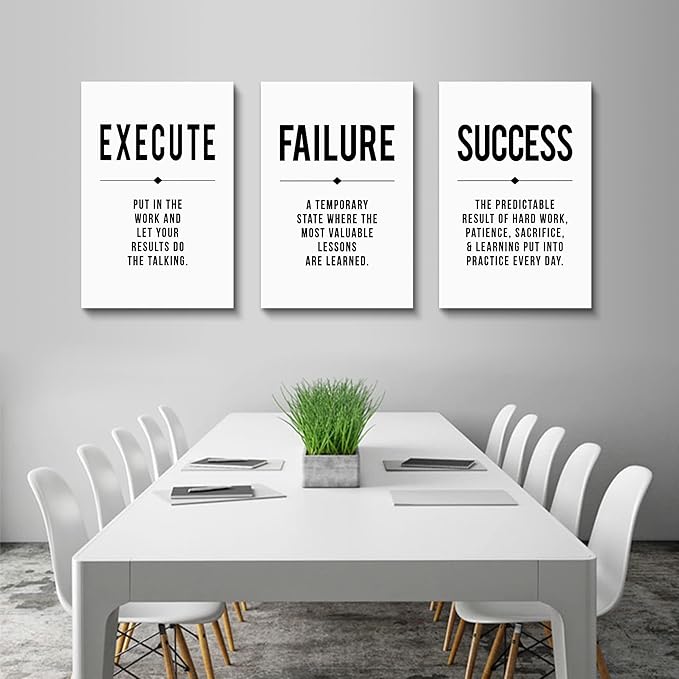 Framed Canvas Wall Art Success Quote, Office Wall Art, Black Large Poster, Positive Motivational Set of 3 Prints, Execute Failure Success Poster, Inspirational Print (D-3pcs,16x24inchx3pcs)