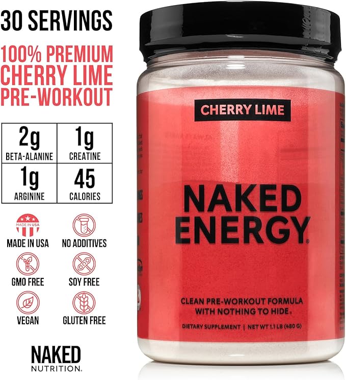 NAKED Cherry Lime Energy - Clean Pre Workout Supplement for Men and Women, Vegan Friendly, No Added Sweeteners, Colors Or Flavors - 30 Servings