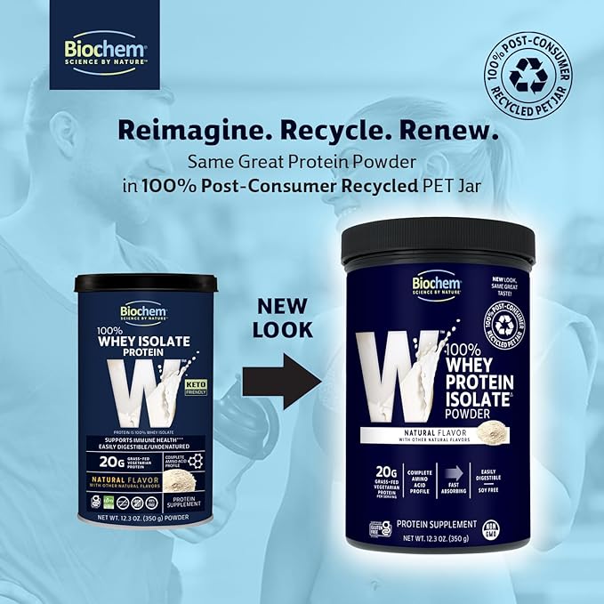 Biochem 100% Whey Isolate Protein - Natural Flavor - 12.3 Ounce, Preworkout & Immune Health - 20g Vegetarian Protein - Easily Digestible - Refreshing Taste - Keto Friendly & Easy to Mix…