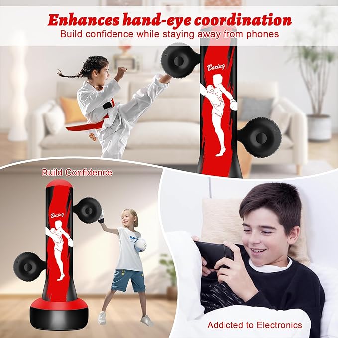 Punching Bag for Kids Teens Boys Girls, 69" Kids Punching Bag with Focus Pads & Gloves, Boxing Bag, Inflatable for Boys Girls Age 3-6-9-12-18 Christmas Birthday Toys