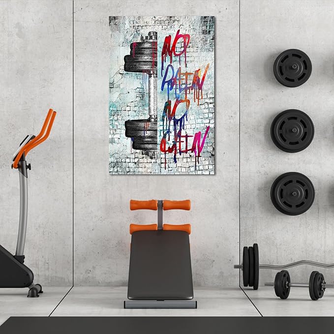iHAPPYWALL Vintage Inspirational Fitness Quotes Wall Art No Pain No Gain Dumbbells Gym Sport Picture for Home Bodybuilding Room Bedroom Decor Ready to Hang 24x36inch (Grey)