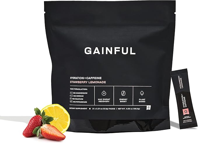 Gainful Hydration + Caffeine Powder Packets with Key Electrolytes Magnesium & Sodium + L Theanine, Low Sugar Drink Mix, Strawberry Lemonade, 21 Sticks