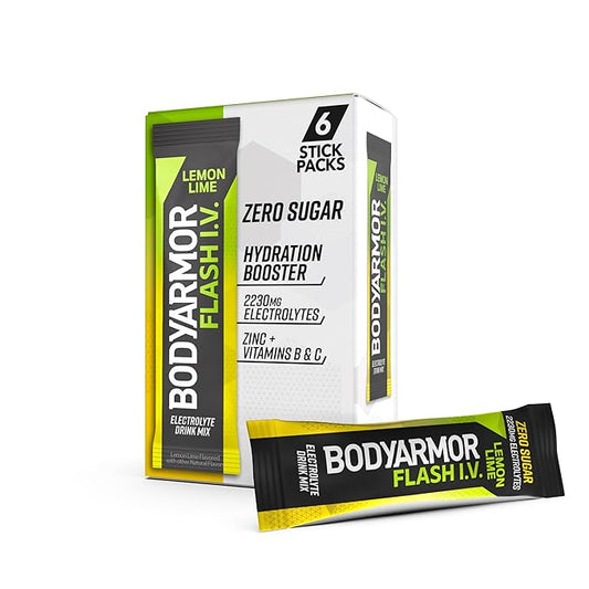 BODYARMOR Flash IV Electrolyte Packets, Lemon Lime - Zero Sugar Drink Mix, Single Serve Packs, Coconut Water Powder (6 Count)