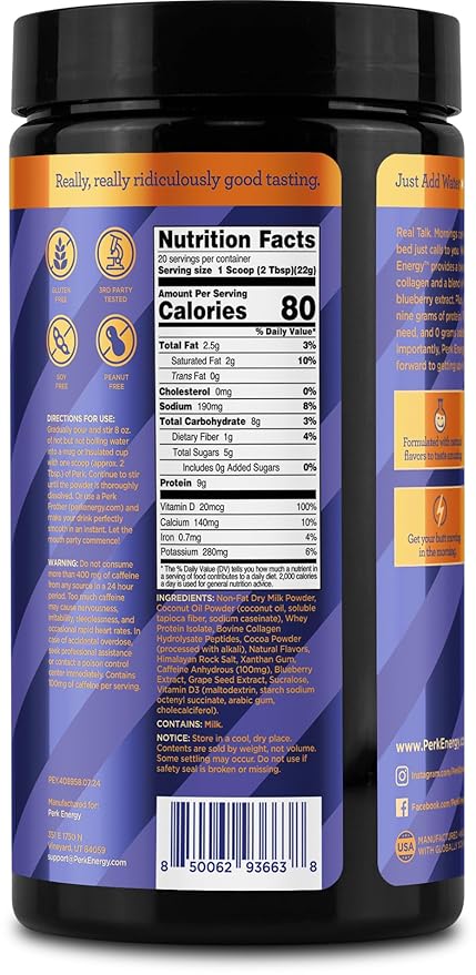 Perk Energy Original Chocolate Orange Flavored (20 Servings) - Gluten Free, Soy Free and Peanut Free