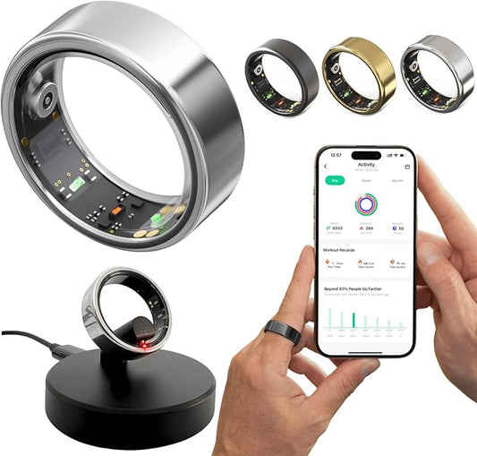 Smart Ring for Women Men Fitness & Sleep Tracker with Heart Rate Blood Oxygen Monitor Cycle Monitoring Step Counter IP68 No Subscription Works with iPhone & Android (Silver, #6-51.9mm/2.04")