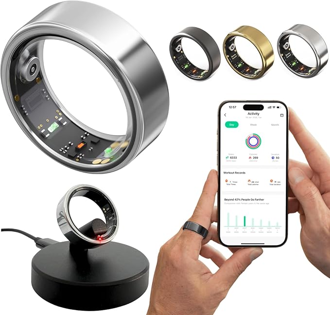 2025 Smart Ring for Women Men, Sleep Tracker Ring, Fitness Smart Ring, Activity Tracker,Sleep Monitor, Stress/Heart Rate/Women's Calories Steps Tracking-No APP Subscription (Silver, #7-54.4mm/2.14")