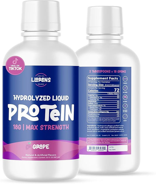 Medical Grade Liquid Hydrolized Collagen Protein - Women and Men for Healthy Skin, Hair and Nails - No Carbs, Zero Sugars & Ready to Drink Protein Drink (Grape)